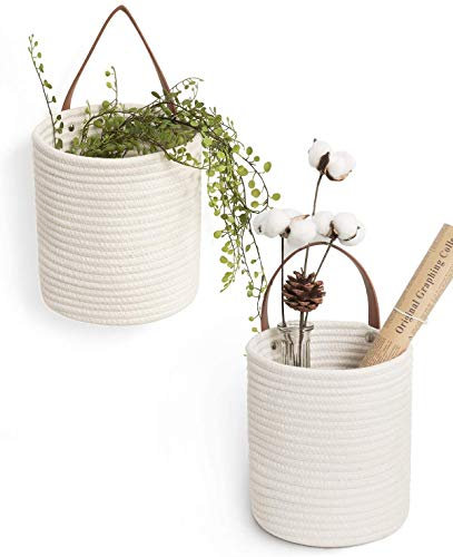 Rope Hanging Basket 2pack, Storage Basket, Small Woven Fern Hanging Rope Basket Flower Plants Wall Basket Decor Set Boho, Rope Basket Key Storage Basket, White, 17 x 17 x 30 cm
