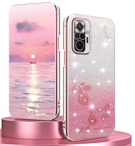 BORYA Silikon Hülle für Xiaomi Redmi Note 10 Pro 4G, Stoßfest Ultra Dünn Weiches TPU Handyhülle, Elegant Galvanisierter Glitzer Diamant Blumen Schutzhülle mit Gradient Karte, Rosa