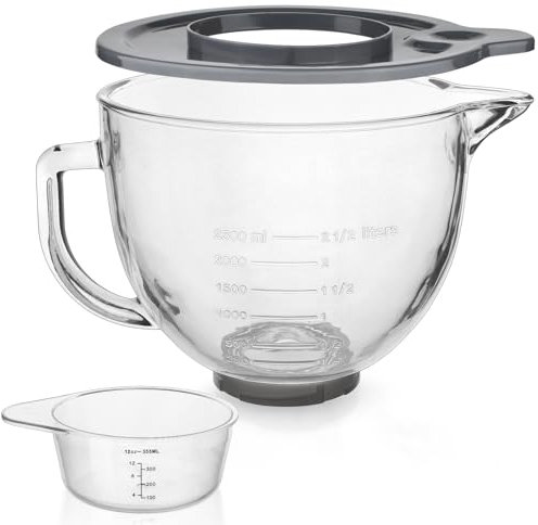 Bol mélangeur en verre de 5 litres pour mixeurs KitchenAid à tête inclinable de 4,5 et 5 litres, compatible avec Artisan KSM150, RRK150, KSM100, K45SS, KSM90, KSM95, K45, KSM110, 5KSM125