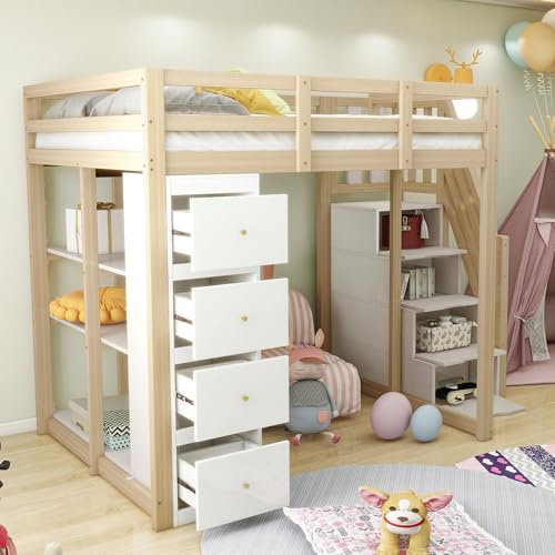 Kinderbett Etagenbett 140x200, Hochbett Hausbett mit 4 Schubladen&Regalen&Treppe, Funktionsbett Doppelbett Holzbett Stockbett Jugendbett Spielbett mit Rausfallschutz&Lattenrost, Kiefernholz, Holzfarbe