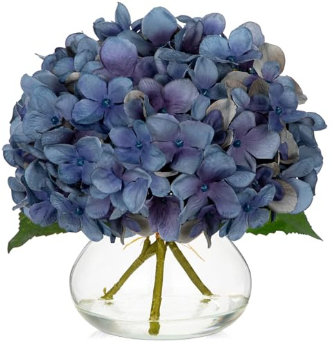 Oairse Fiori artificiali di ortensia autunnale centrotavola blu scuro fiori finti in vaso di vetro con finta seta d'acqua composizione di fiori finti per casa ufficio matrimonio Natale Ringraziamento