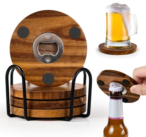 2-in-1 Wood Coasters with Bottle Opener, Set of 4 with Holder– Funny Acacia Wood Drink Coasters with Stainless Steel Openers & Non-Slip Feet – Durable and Functional for Beer or Soda Drinking