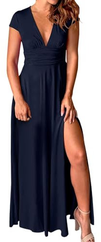 Robe De Soirée Femme DéColleté en V Profond- Robe Longue Manches Courtes à Taille Haute Fendue Maxi Robes Chic Et éLéGant pour Princesse Cocktail Bal De Promo Anniversaire CéRéMonie Dress