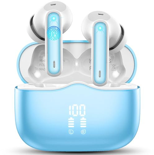 Bluetooth Kopfhörer, Kopfhörer Kabellos Bluetooth 5.3 In Ear Kopfhörer mit 4 ENC Noise Cancelling Mic, Kabellose Kopfhörer Tiefer Bass Wireless Earbuds 40Std, IP7 Wasserdicht Ohrhörer, Hellblau