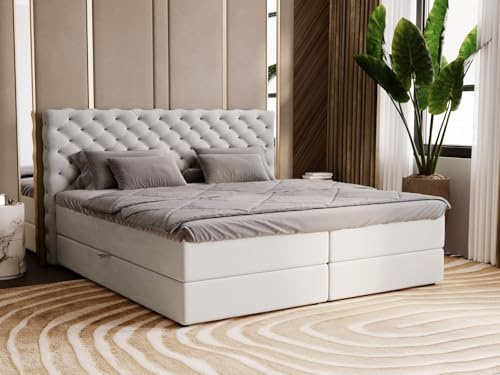 GRAINGOLD Bergamo Bett 140x200, Boxspringbett mit Bettkasten, Polsterbett mit Bonell-Matratze, Samt Stoff, mit Topper, mit Kopfteil (Hellgrau, 140x200)