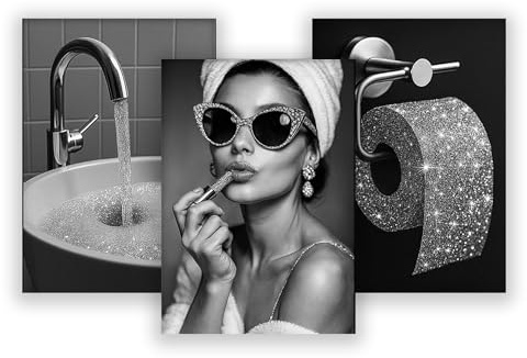 WBdesignz 3er Poster-Set – Glamour Badezimmer Deko – Schwarz-Weiß Glitzer-Design mit Lippenstift, Wasserhahn & Toilettenpapier – Moderne Wanddeko für Bad, Schminkbereich oder Gäste-WC (DIN A4) – ohne