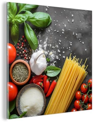 MuchoWow© Wandbilder Glas Schlafzimmer Home Deko Wohnung Bild Wohnzimmer | 50x50 cm - Wand Glasbilder Leinwand Wall Decor Gemüse - Tomaten - Spaghetti - Beton - Kräuter