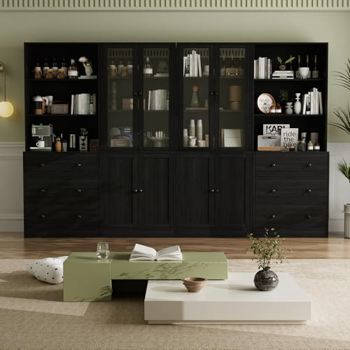 VOWNER 5-stöckiges Bücherregal mit Glastüren, 180 cm Vitrinenschrank, Küchenschränke, Küchenschrank Hochschrank, Buffetschrank für Küche, Wohnzimmer, Esszimmer, 4PCS (Schwarz)