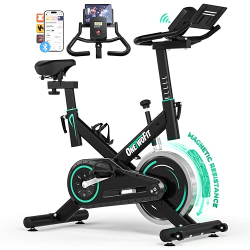 ONETWOFIT Quiet Exercise Bike with LCD Display,Adjustable Magnetic Resistance Stationary, Fitness Bike with App 0-100% and Tablet Stand,Cycling Bike Exercise Equipment for Home Gym Use(BLACK-1)