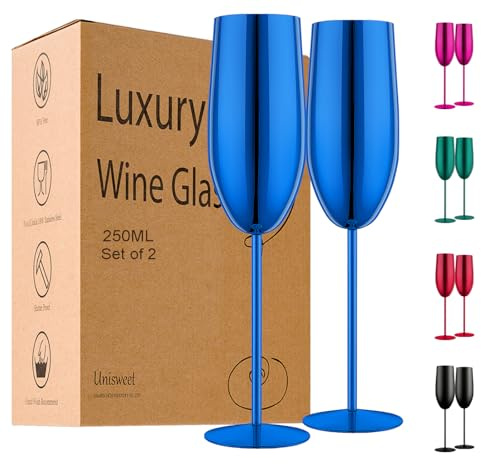 UNISWEET Champagne Glasses Set of 2 Stainless Steel Champagne Flutes Wedding Gifts for Bride 8.5 oz Unbreakable Champagne Glasses for Party Wedding Christmas Anniversary Brithday (Blue)
