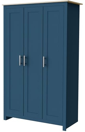 Nera 3 Door Wardrobe with Shelves and Hanging Rail Tall Wardrobes for Bedrooms Storage (Navy on Oak)
