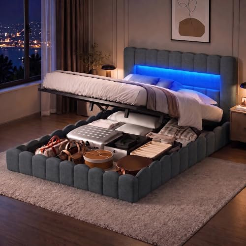 Polsterbett Doppelbett 180x200 cm,Bett mit Stauraum,Hydraulisch Stauraumbett mit Bettkasten,gepolstert LED, Doppelbett mit Stauraum Funktionsbett mit Kopfteil und Lattenrost (Grau+Leinen-A)