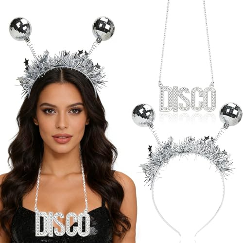 70er Jahre Disco Outfit Damen Disco Accessories - Discokugel Haarreif Discokugel Halskette Discokugel Ohrringe,Glitzer Outfit Damen,70er 80er Jahre Disco Outfit Accessories für Fasching Karneval Party