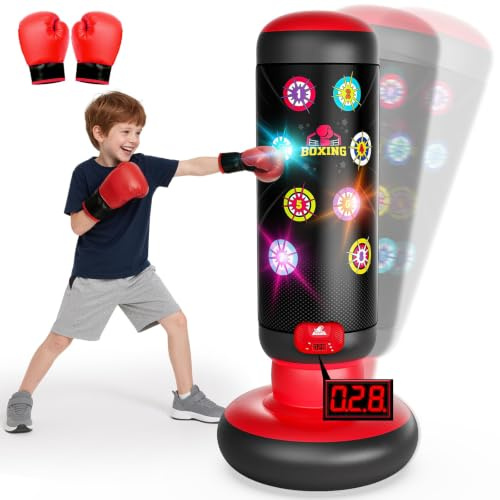 Interactive Punching Ball Enfants, Sac de Frappe avec Musique et Lumière, Sac de Boxe avec Gants de Boxe pour Karaté, Taekwondo, Cadeau pour Garçons & Filles de 6-12 Ans (Mise à Niveau 2026)