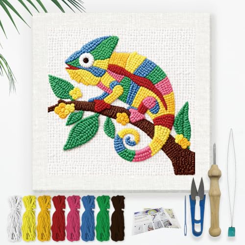 DOODLREAM Chameleon DIY Punch Needle Stickset Für Erwachsene Anfänger 24cm Avocado Chamäleon Tier Stanzstickset Für Anfänger Mit Rahmen Stoffmuster Einfädler Garn Quetschnadel