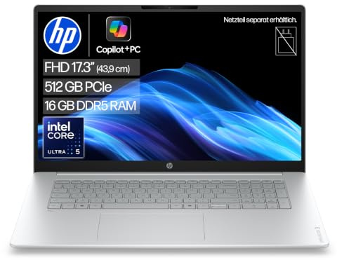 HP OmniBook 3 Laptop, 17,3 FHD, Intel Core Ultra 5, 16GB RAM, 512GB SSD | Leistungsstarkes KI-Notebook mit 47 TOPS NPU für produktives Multitasking - ohne Netzteil, QWERTZ, Glacier Silver