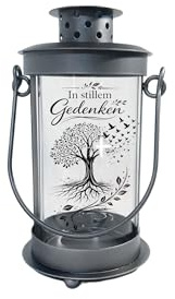 Mariles Laterne mit Griff zum Stellen wetterfest Stablaterne Grablaterne Grablicht Grableuchte Friedhofslaterne Windlicht Gartenlaterne Garten Grab - Silber/In stillem Gedenken - 21 cm