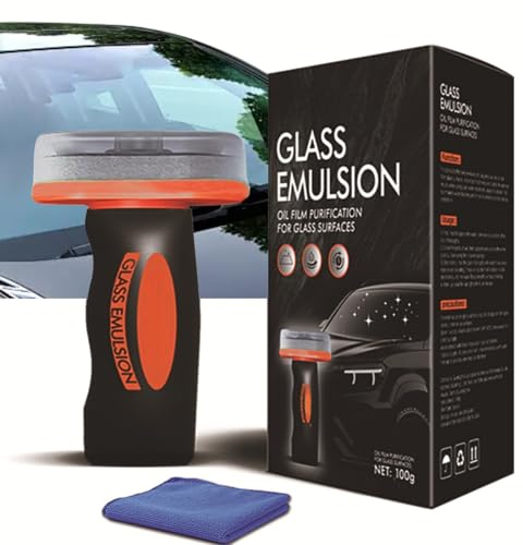 100ML Glass Emulsion - Automotive Oil Film Cleaning Brush with Towel - Hand-Held Glass Emulsion Cleaner - Glass Oil Film Remover for Car Windows Mirrors