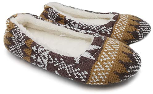 Ofoot Women's Cashmere Cable Knit Ballerina Slippers,Cotton Velvet Lined Indoor House Shoes,Soft Plush Flat with Snowflake Patterns Coffee 5/6 UK