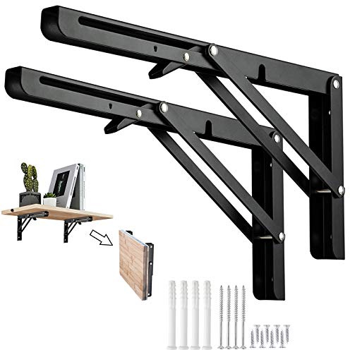 Barley Ears Équerre Pliante 250mm, 2 Pièces Étagère Murale Pliante Noir Support Console Pliable en Métal, Equerre pour Etagere Murale, Cadre de Support d'Étagère de Garage, Charge Max 50kg