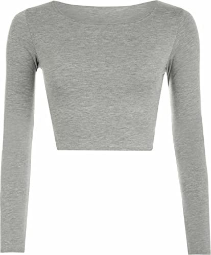 Womens Crop Long Sleeve T Shirt Ladies Short Plain Round Neck Top Ladies Fitness Workout Running T Shirts Plain Cropped Tops (Grey UK 12-14)