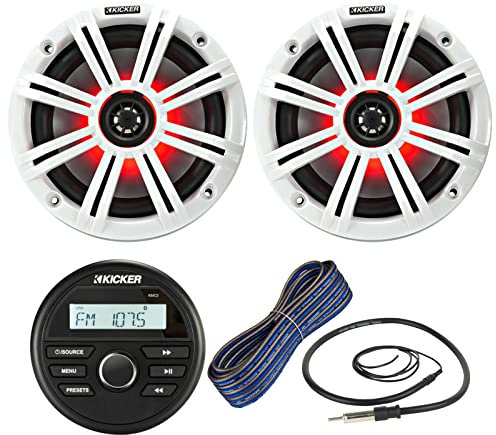 Kicker All-Weather Marine Gauge Style Bluetooth USB Stereo Receiver Bundle Combo with (QTY 2) 6.5 2-Way 195W Max Coaxial Marine LED Speakers w/White Grilles, 16-Gauge Wire, 22 Antenna