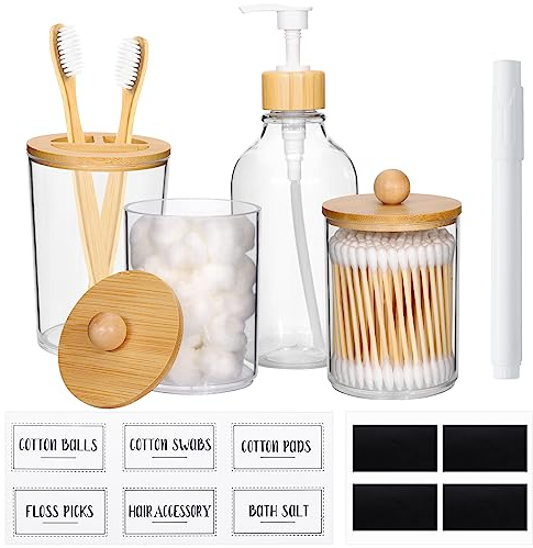 JOTOM Bamboo Bathroom Accessories Set of 4 Modern Design 4 Pieces Bathroom Accessory Set Soap Dispenser 2 Qtip Holder Jars Toothbrush Holder for Bathroom Boho Home Decor (Bamboo A)