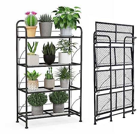 COSTWAY 4 Etagen Pflanzenständer klappbar, Blumenständer Metall, Blumenregal mit verstellbarer Ablage, bis 40kg, Pflanzenregal Blumentreppe Pflanzentreppe, Garten Terrasse Balkon, 60x25x100cm, Schwarz