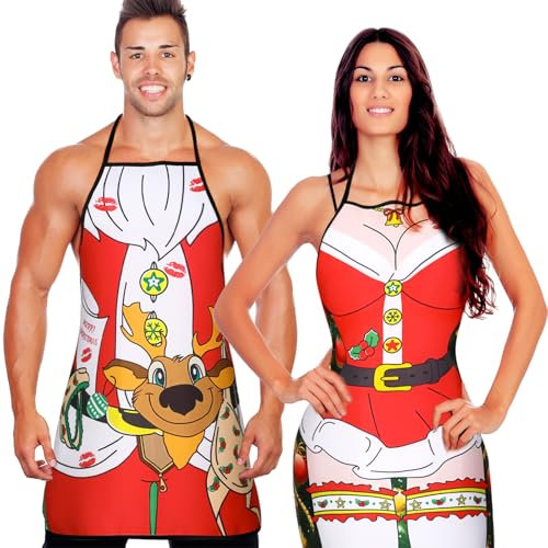 Neer 2 Stück Lustige Geschenke Set für Herren Damen Neuheit Grillschürze Muskel Kochschürzen Verstellbar Wasserdicht Küchenschürze für Weihnachten BBQ Party Erwachsene Paare (Elch Stil)