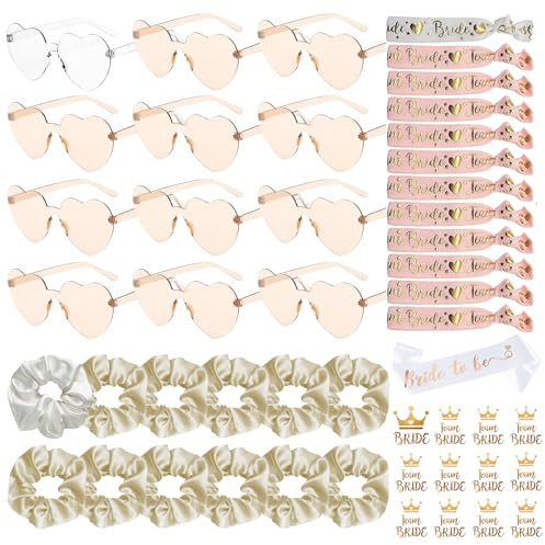 YeahBoom 49 Stück JGA Brille Team Braut Armbänder,Bride to Be Herz Brille Set,12Herz Sonnenbrille+12Bride Tattoo Aufkleber+12Bride Armband,Jungesellinnenabschied Frau Accessoires,JGA Deko Accessoires