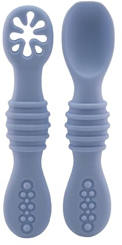 BABYZOCO PreCuchara bebe, Cuchara bebe, Cuchara BLW, Cubiertos de iniciación, Set de cucharas Aprendizaje bebe, Antibacteriana, Ergonómicos, Desde 0 meses hasta 18 meses, Silicona, Azul claro