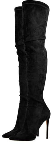 blingqueen Stivali da donna sopra il ginocchio con tacco alto elasticizzato, Velluto nero, 40 EU
