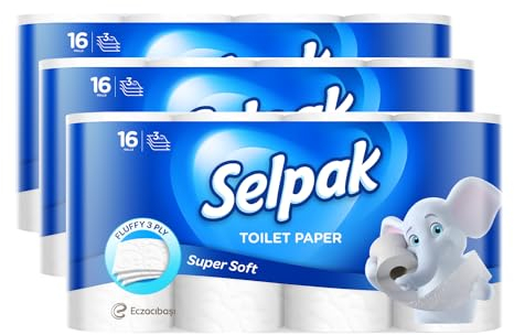 Selpak Toilettenpapier 3-lagig 6720 blatt, Klopapier, Super Weich, Extra Weich und Stark, Toilet Paper, Wc Papier, 48 Rollen (3x16 Rollen)