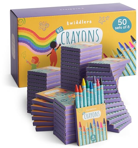 THE TWIDDLERS 50 Cajas de Crayones de Cera para Niños, 8 Crayones por Caja, 400 en Total - Colores Mixtos, Perfectos Mini Paquetes para Llenar Bolsas de Fiesta, Aulas Escolares