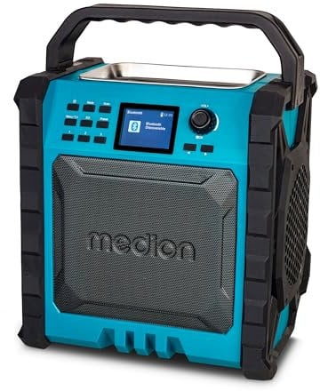 MEDION P66896 Radio de Chantier (Dab Plus, Dab+/UKW, Batterie intégrée, écran Couleur, Bluetooth, Fonction powerbank, IP54, Robuste, Deux radiateurs passifs)