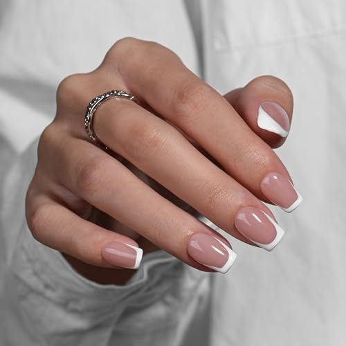 KQueenest French Tip Press on Nails Short Medium Square, White False Nails Short Coffin, Glossy Natural Nude Fake Nails with Glue, Reusable Acrylic Stick on Nail for Women Weddings 30 Pcs