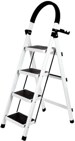 Scaletta pieghevole a 4 gradini, scaletta antiscivolo con maniglia, robusta e ampia pedale, multiuso per uso domestico e ufficio, portata fino a 150 kg, 133 x 74 x 39 cm, 4 gradini (bianco)