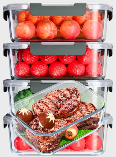 5-Packs 1000ML Glass Container Food Storage,(Total 5000ML) Meal prep containers with lids Airtight for Lunch, Bento Box Glass Food Storage Containers for Microwave, Freezer, Oven &Dishwasher Safe