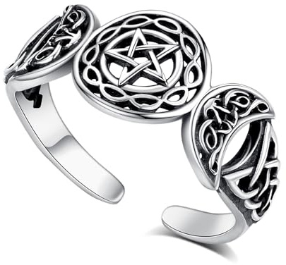 AEONSLOVE Verstellbarer Lebensbaum Ring Damen Silber 925, Mondsteinring für Mädchen Frauen, Offener Ringe mit Hexen Knoten/Claddagh/Blatt/Dreifacher Mond Wicca/Umarmung/Feder