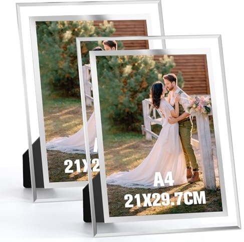 Acrrynii 2 Pezzi Cornice Foto A4 in Vetro, Cornici per Foto 21x29,7 cm, Moderno Trasparente Portafoto da Tavolo in Argento per Matrimonio, Case, Ufficio, Regalo, Orizzontale o Verticale
