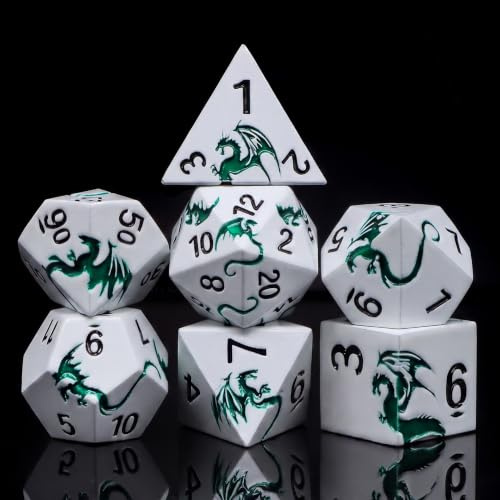 Metall Würfel Set–Drachen Design,7 polyedrische Rollenspiel Würfel D4 D6 D8 D10 D12 D20 D00 für TTRPG (Perlmuttweiß Grün-Drache)