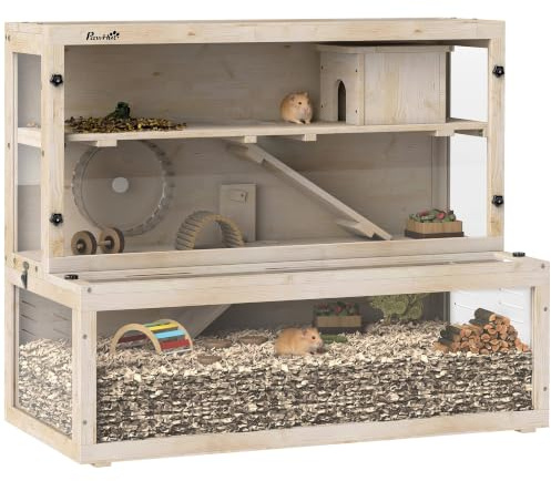 PawHut Hamsterkäfig aus Holz für Zwerghamster 100 x 50 x 84 cm Naturholz | Nagerkäfig, 3 Etagen Kleintierkäfig, Sichtfenster, Laufrad, Rampe, Häuschen, Mäusekäfig