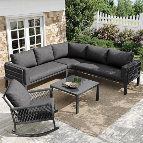 KOMHTOM Salon de Jardin Modulable 6 Places, Ensemble Lounge avec Canapé d'angle, 1 Chaise à Bascule et Table en Verre, Coussins Déperlants, Corde Tressée(Salon avec 1 Chaise à Bascule - Gris)