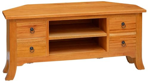 Hothingwell Meuble TV Acajou Massif 100 x 40,5 x 46 cm | Étagères spacieuses, tiroirs avec poignées bail, aucun assemblage requis, entretien facile