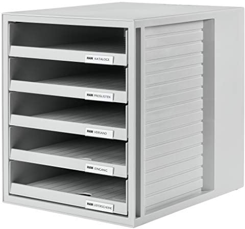HAN Schubladenbox SCHRANK-SET – attraktives Design für Unterlagen bis DIN C4, mit 5 offenen Schubladen, lichtgrau, 1401-11