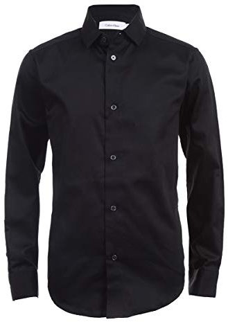 Calvin Klein Boys' Big Long Sleeve Sateen Dress Shirt, Black, 10
