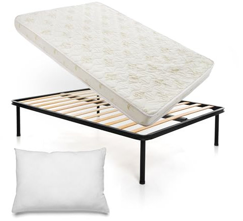 DOLCI SOGNI Letto una Piazza e Mezza con Materasso 120X190 Alto 14 cm, Set Rete e Materasso una Piazza e Mezza 100% Made in Italy, Rete a Doghe in Legno con Struttura Letto 120x190, Cuscino Incluso