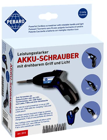 Pebaro 2010 Leistungsstarker Akkuschrauber, 9 Bits, USB-Kabel, Gürteltasche, drehbarer Griff zur Verwendung als Stabschrauber oder LED-Taschenlampe, Geschenkidee für Kinder