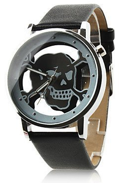 FENKOO Damen Modeuhr Quartz PU Band Armbanduhr Totenkopf Schwarz