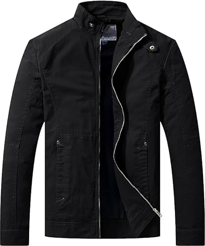 WenVen Men's Outdoor Lightweight Jacket Casual Cotton Coat Windproof Warm Jackets Classic Full-Zip Jacket Black L